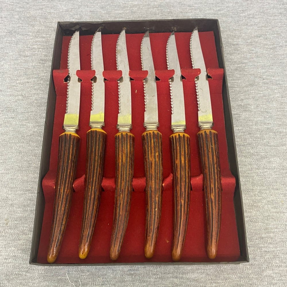 Vintage Forgecraft Steak Knife Set Brown Faux Stag Serrated Stainless USA 6pc
